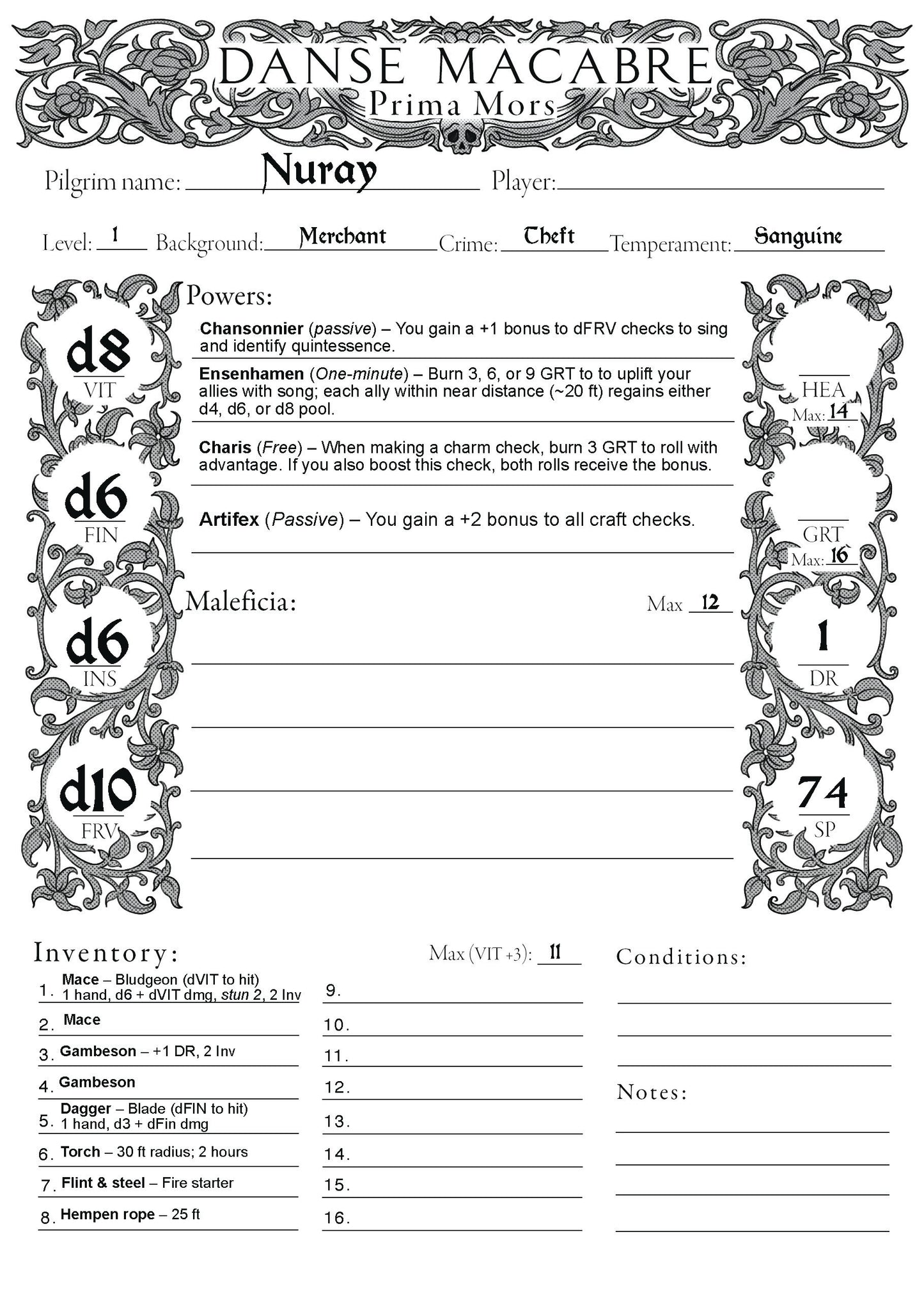 Danse Macabre Character Sheet and Pregens