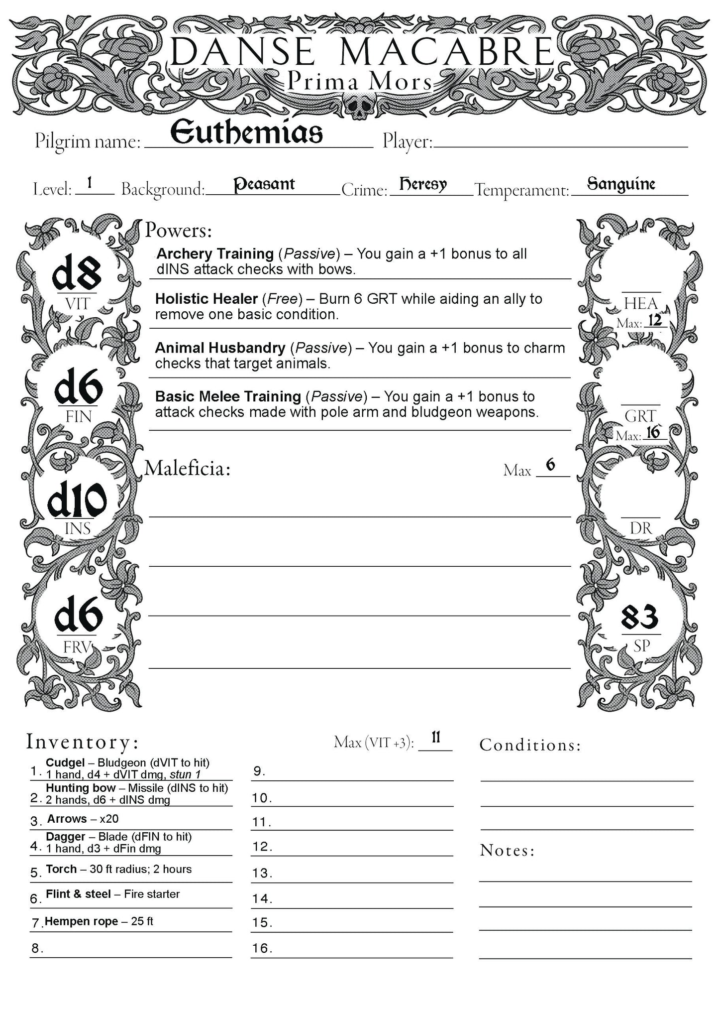 Danse Macabre Character Sheet and Pregens