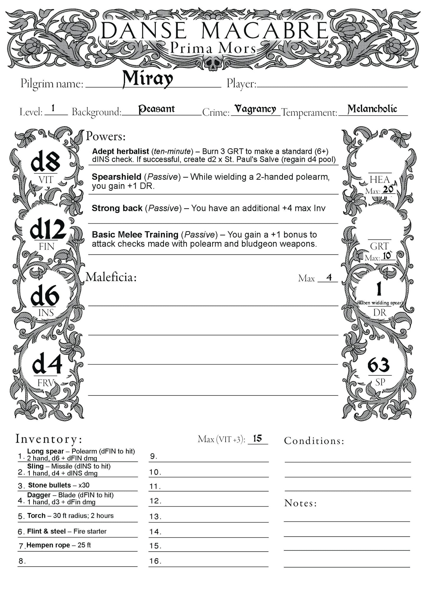 Danse Macabre Character Sheet and Pregens