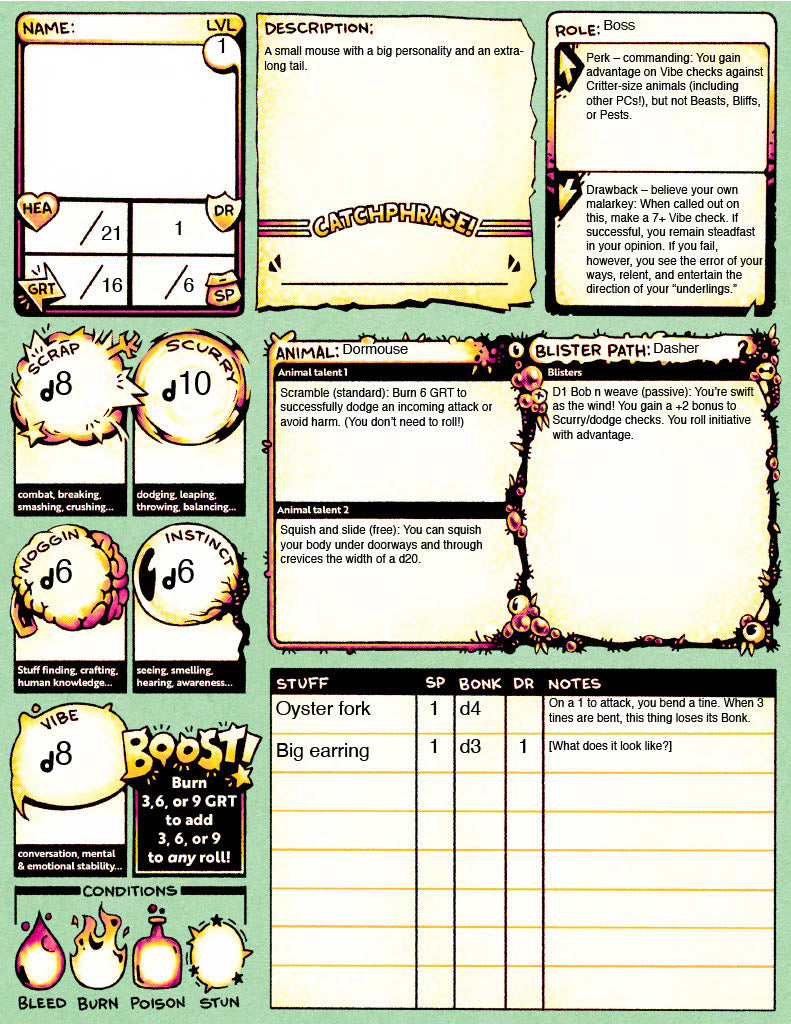 Blister Critters Character Sheet and Pregens