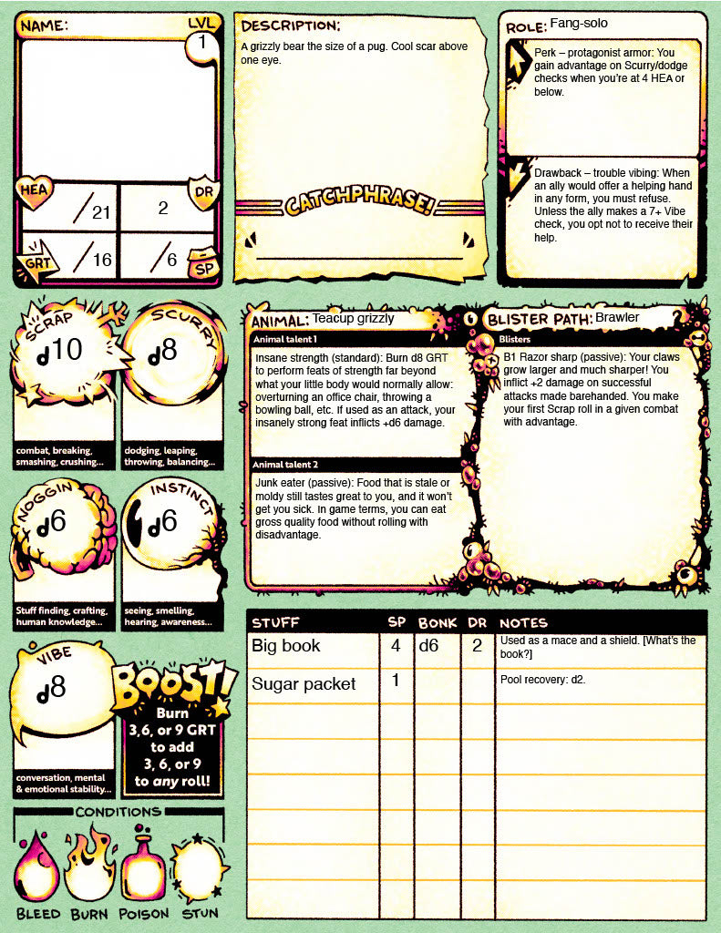 Blister Critters Character Sheet and Pregens