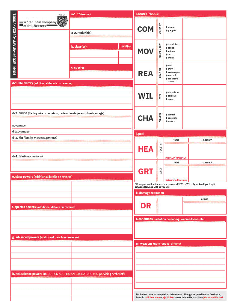 Stillfleet Character Sheet and Pregens