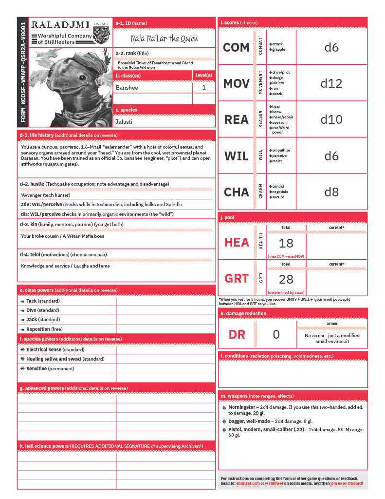 Stillfleet Character Sheet and Pregens