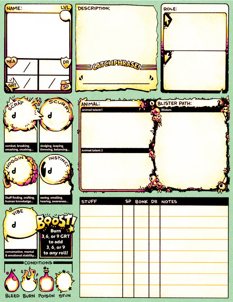 Blister Critters Character Sheet and Pregens