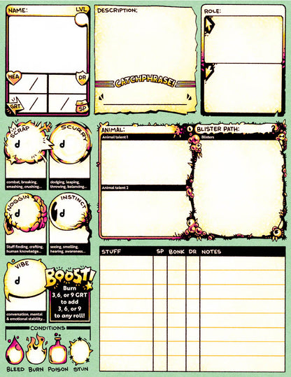 Blister Critters Character Sheet and Pregens